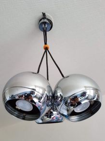 suspension 3 boules chromées et câbles textile noir 