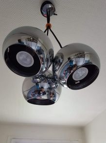 suspension 3 boules chromées et câbles textile noir 