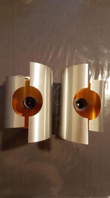 paire d'appliques vintage métal brossé et intérieur orange 