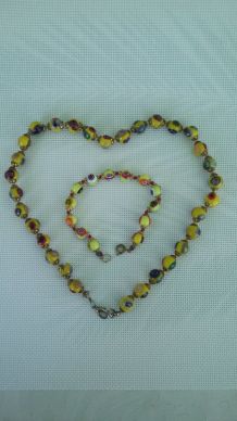 Collier de perles jaune en verre Murano original &amp;amp; bracelet