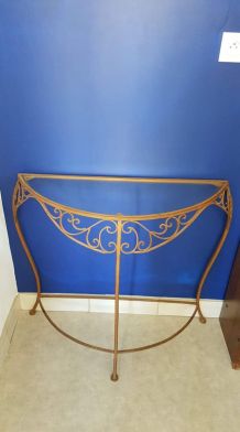 console demi-lune métal marron et plateau en verre vintage