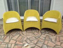 vends 3 fauteuils en rotin /osier de couleur jaune avec cous