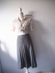 Jupe midi plissée en laine motifs pied de poule vintage 70's