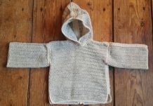 Pull bébé capuche laine beige &amp;amp; écrue, fait main 3 à 6 mois