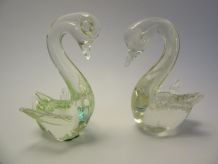 2 cygnes Murano verre blanc incrustés vert et blanc