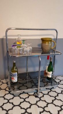 desserte bar sur roulettes métal chromé et verre fumé 