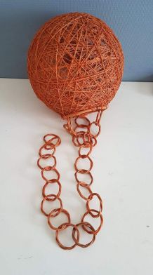 suspension boule orange corde et rotin vintage Audoux Minet 