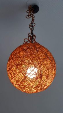 suspension boule orange corde et rotin vintage Audoux Minet 