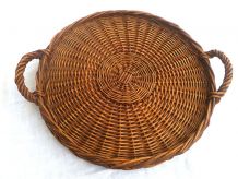 plateau de service rond en osier tressé, vintage