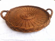 plateau de service rond en osier tressé, vintage