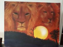 Tableau - Peinture a l'huile originale - Les lions