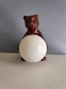 lampe ours vintage en céramique marron et globe opaline 