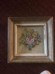 Peinture florale sur verre, signée Decbel, Vintage Années 50