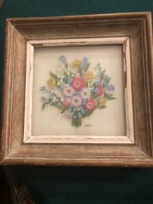 Peinture florale sur verre, signée Decbel, Vintage Années 50