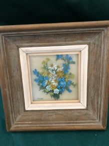 Peinture florale sur verre, signée Decbel Vintage, années 50