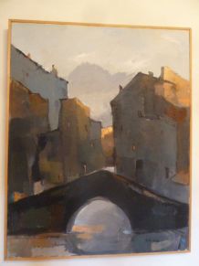 Huile sur toile "Pont à Venise" 75 cm x 94 cm