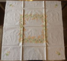 Nappe en lin écru, brodée à la main, 90 x 90 cm