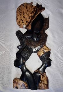 Tableau bois sculpté en relief - Déco Afro Vintage