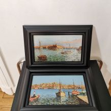 Paire de peintures à l'huile sur toile années 1930 signées M