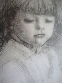 Tableau - Portrait de fillette signé Messina. Dessin.