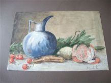 Tableau - Aquarelle ancienne fruits et pichet bleu