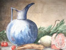 Tableau - Aquarelle ancienne fruits et pichet bleu