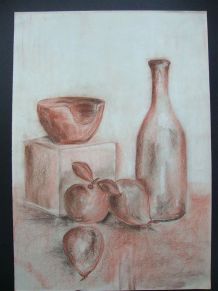 Tableau Nature morte fruits et bouteille