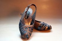 Vintage 80s sandales talons cuir bronze tulle noir abstrait 