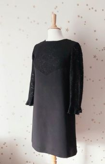 Vintage 60 robe trapèze crêpe  dentelle noire M