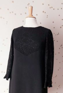 Vintage 60 robe trapèze crêpe  dentelle noire M