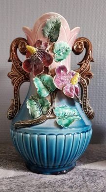 vases de barbottines polychromes art déco bleu et rose 