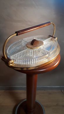 plateau apero art deco ,verre moulè ,bois et alu doré   ,mir