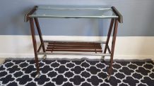 desserte vintage plateau verre et structure bois et métal 