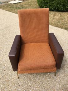 Fauteuil Smili cuir marron et tissu - Années 1950-1960