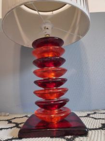 lampe à poser vintage pied galets en verre orange et rouge