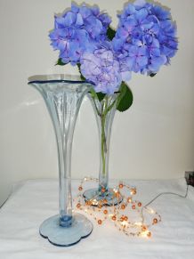 Duo de vases anciens bleus forme corolle 