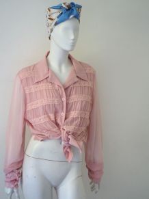 Chemisier oversize en voile et dentelle rose vintage 70's
