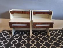 chevets vintage en tek et laminé blanc avec tablette  verre