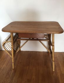 Bureau vintage, rotin et chêne massif