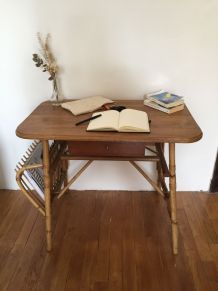 Bureau vintage, rotin et chêne massif