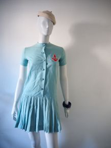 Robe navy babydoll plissée bleu clair vintage 60's