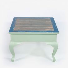 Table basse pieds galbés en bois massif verte bleue grise