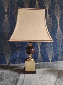 lampe à poser vintage, pied bois et laiton, abat-jour tissu