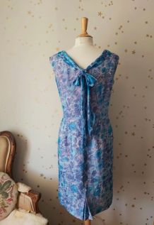Vintage années 50 robe mousseline fleurie rose bleu blanc L