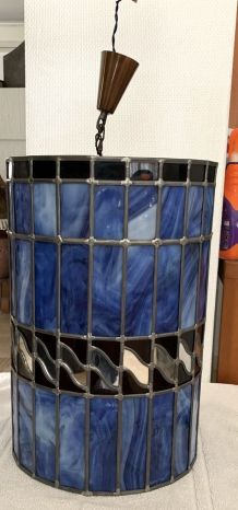 Lampe suspension cylindre vitrail. Bleu, noir et gris