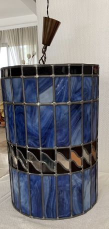 Lampe suspension cylindre vitrail. Bleu, noir et gris