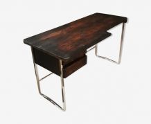 Bureau minimaliste amature chrome 1975; bois brut traite faç