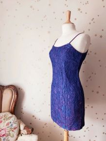 Vintage 80s robe bretelle dentelle violet bleu S