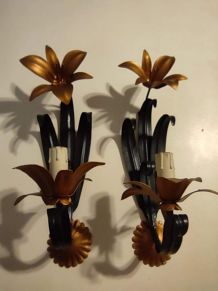 appliques murales vintage 2 fleurs noires et vieil or