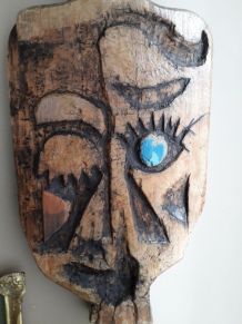 Panneau mural vintage en bois sculpté en forme de tête